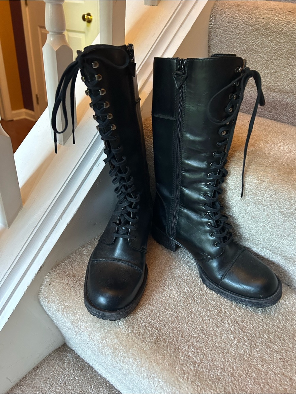 Nine West Black Lace-Up Knee-High Combat Boots